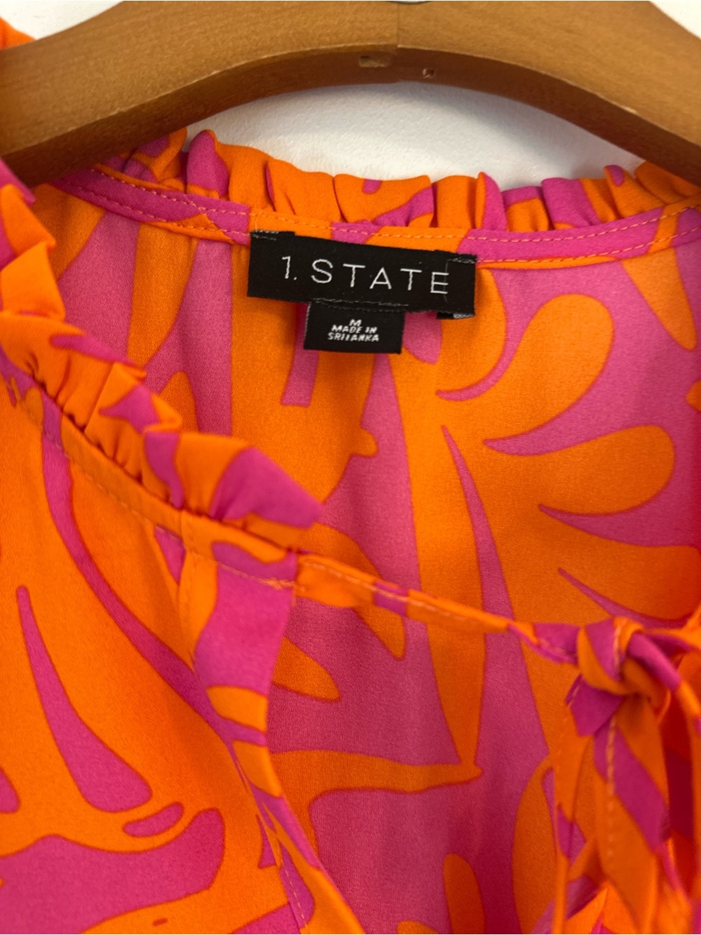 1. State Pink & Orange Ruffle Sleeve Tie-Neck Shell Top - Picture 2 of 6